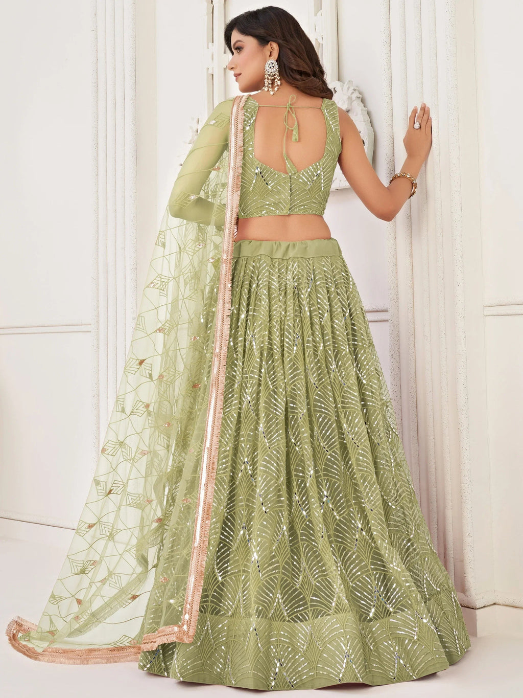Light Green Beautiful Sequins Net Reception Wear Lehenga Choli With Dupatta