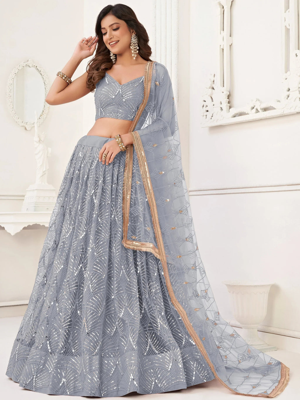 Grey Beautiful Sequins Net Reception Wear Lehenga Choli With Dupatta
