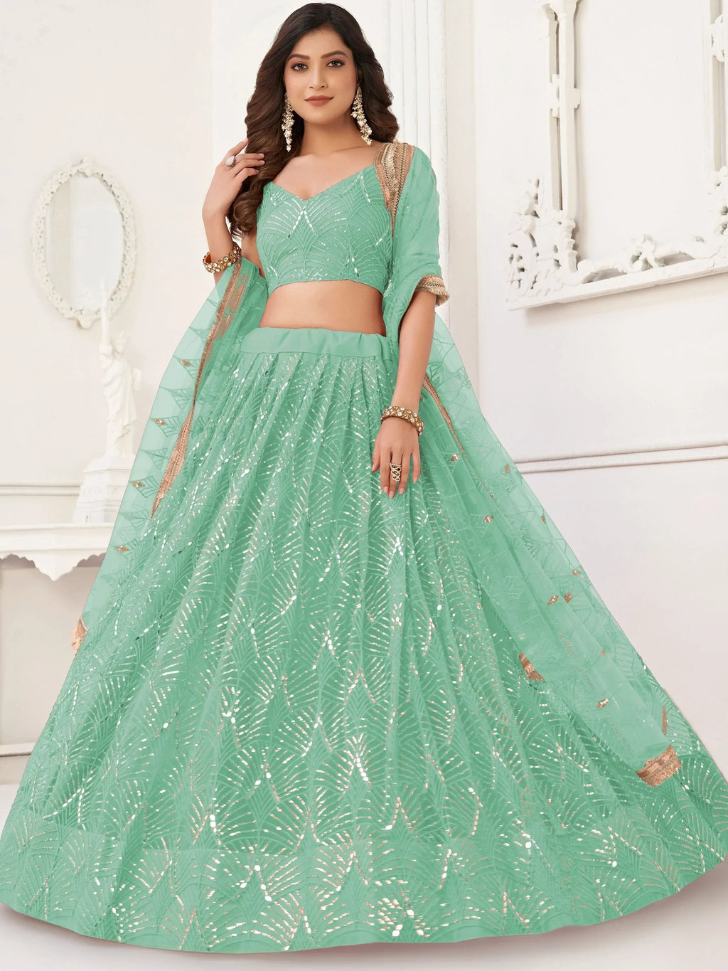 Sparkling Green Embroidered Net Function Wear Lehenga Choli