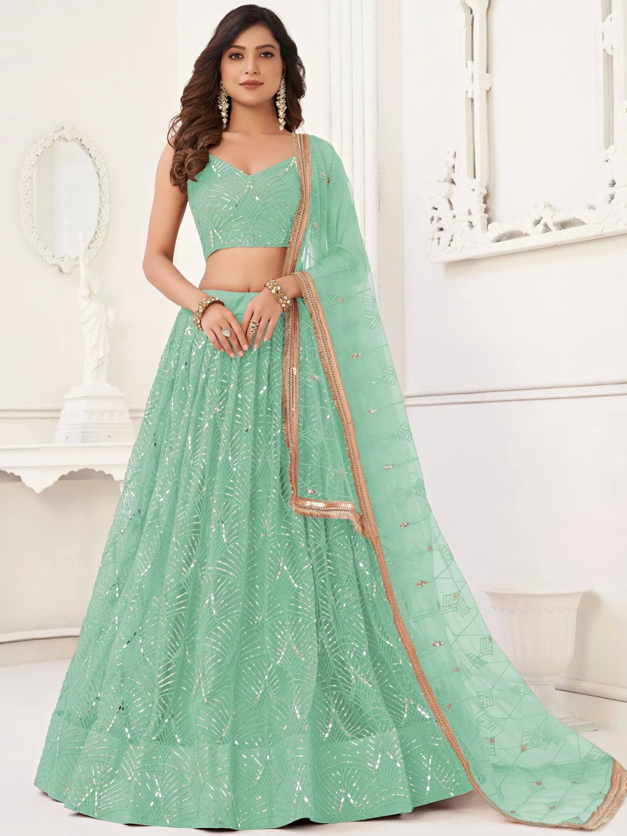 Sparkling Green Embroidered Net Function Wear Lehenga Choli