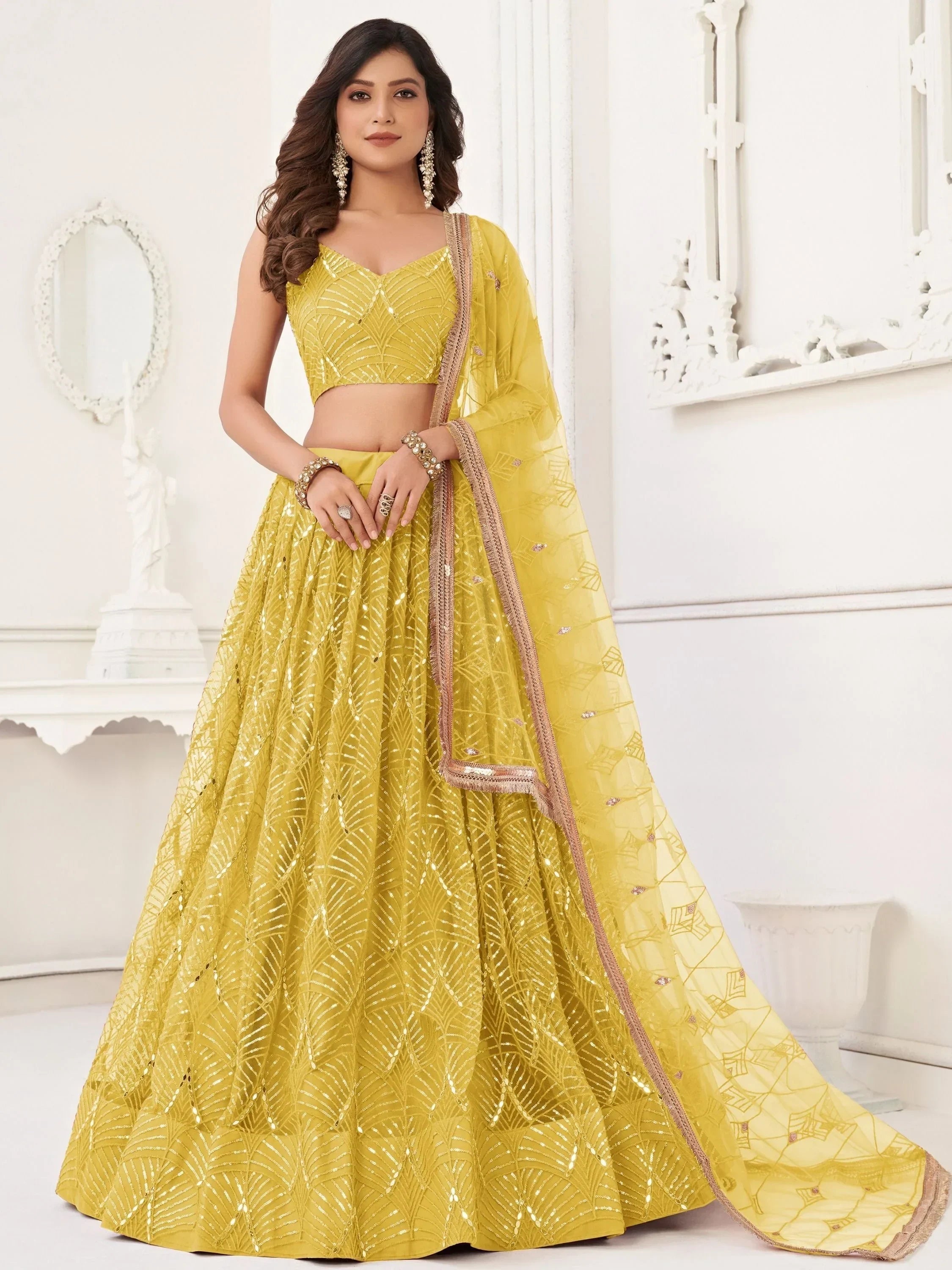 Yellow Beautiful Sequins Net Reception Wear Lehenga Choli With Dupatta