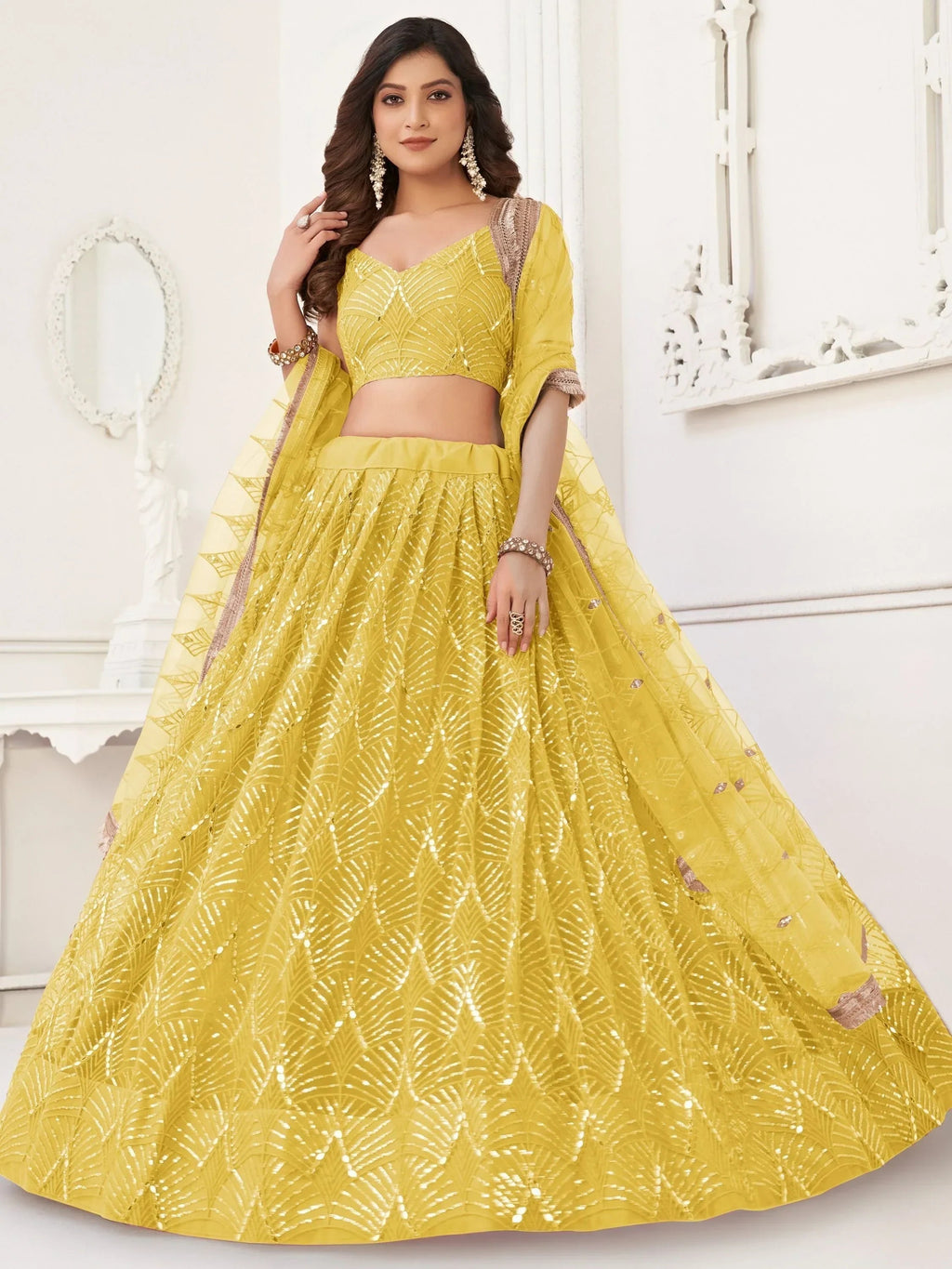 Yellow Beautiful Sequins Net Reception Wear Lehenga Choli With Dupatta