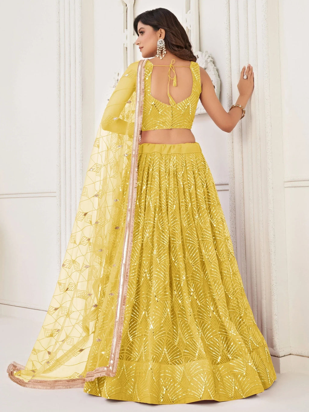Yellow Beautiful Sequins Net Reception Wear Lehenga Choli With Dupatta