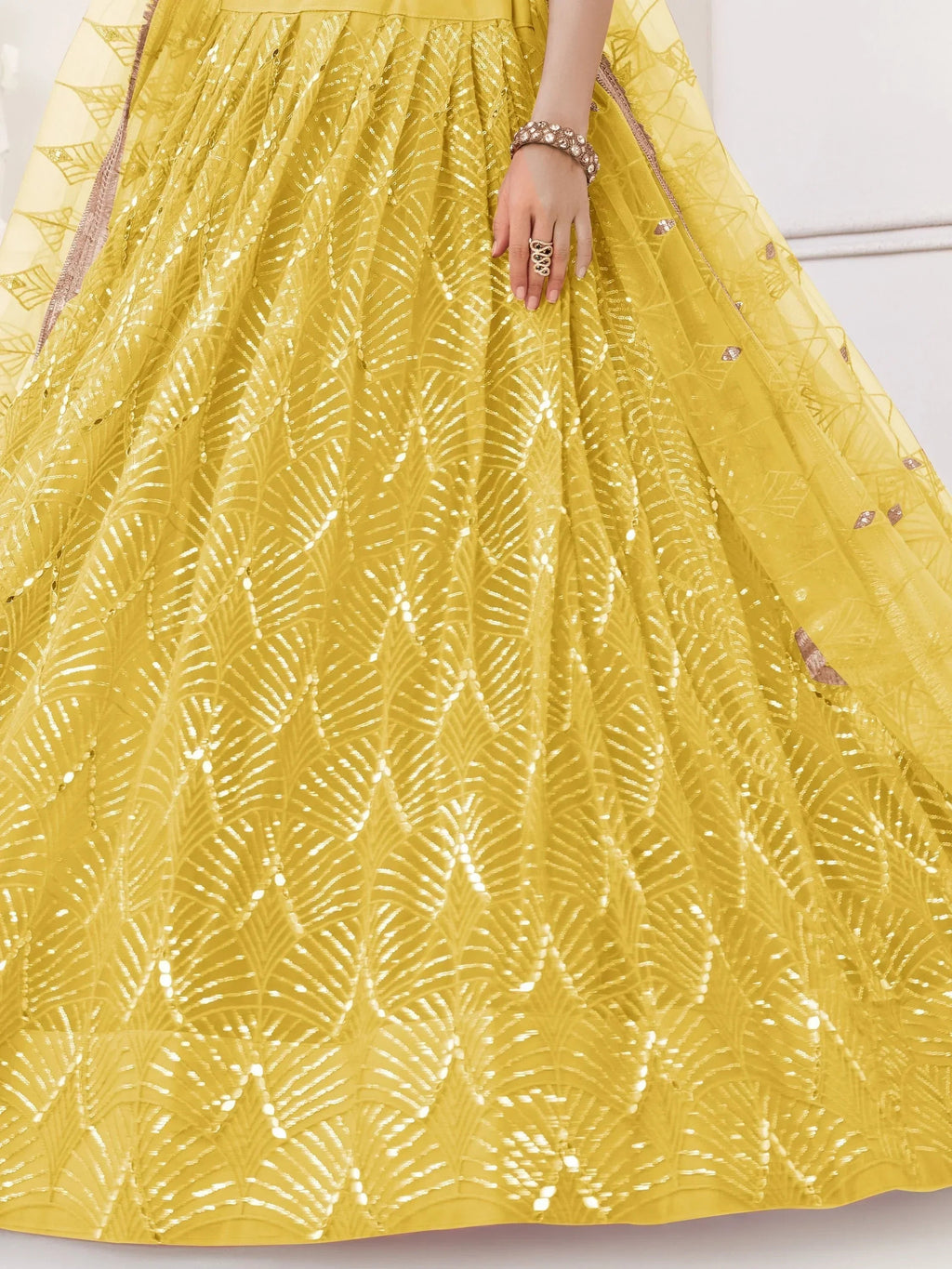 Yellow Beautiful Sequins Net Reception Wear Lehenga Choli With Dupatta