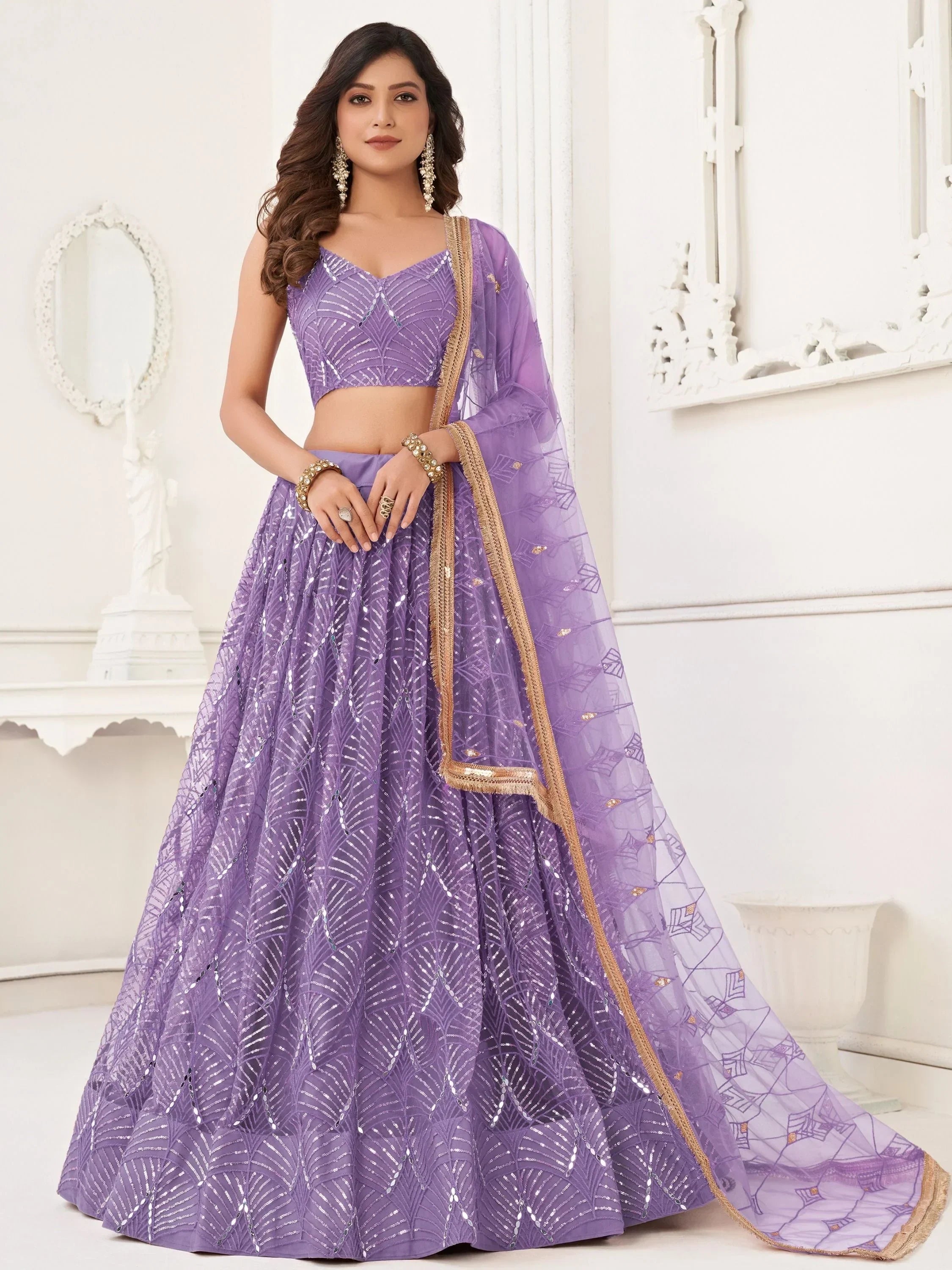 Lavender Beautiful Sequins Net Reception Wear Lehenga Choli With Dupatta