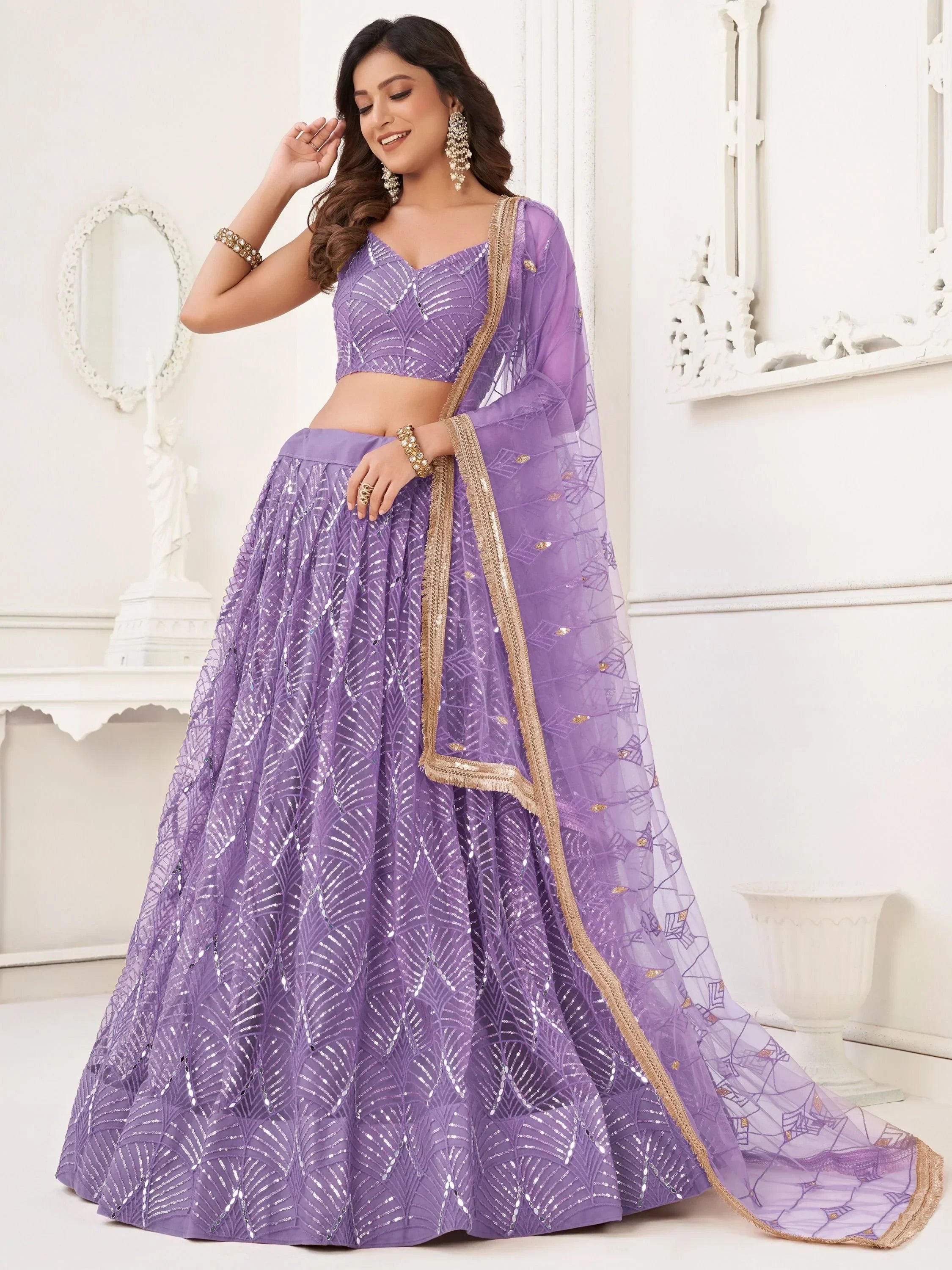 Lavender Beautiful Sequins Net Reception Wear Lehenga Choli With Dupatta