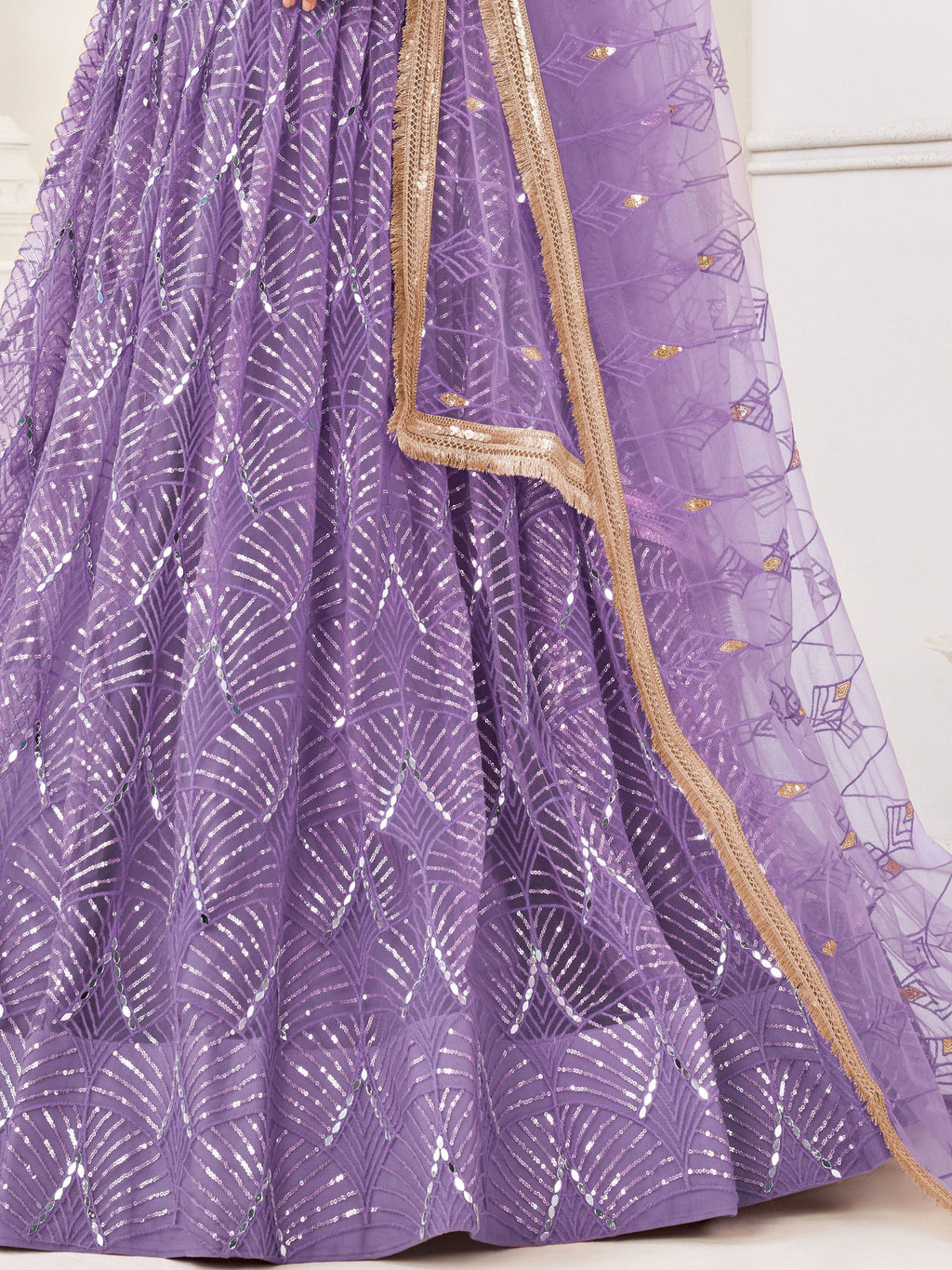 Lavender Beautiful Sequins Net Reception Wear Lehenga Choli With Dupatta