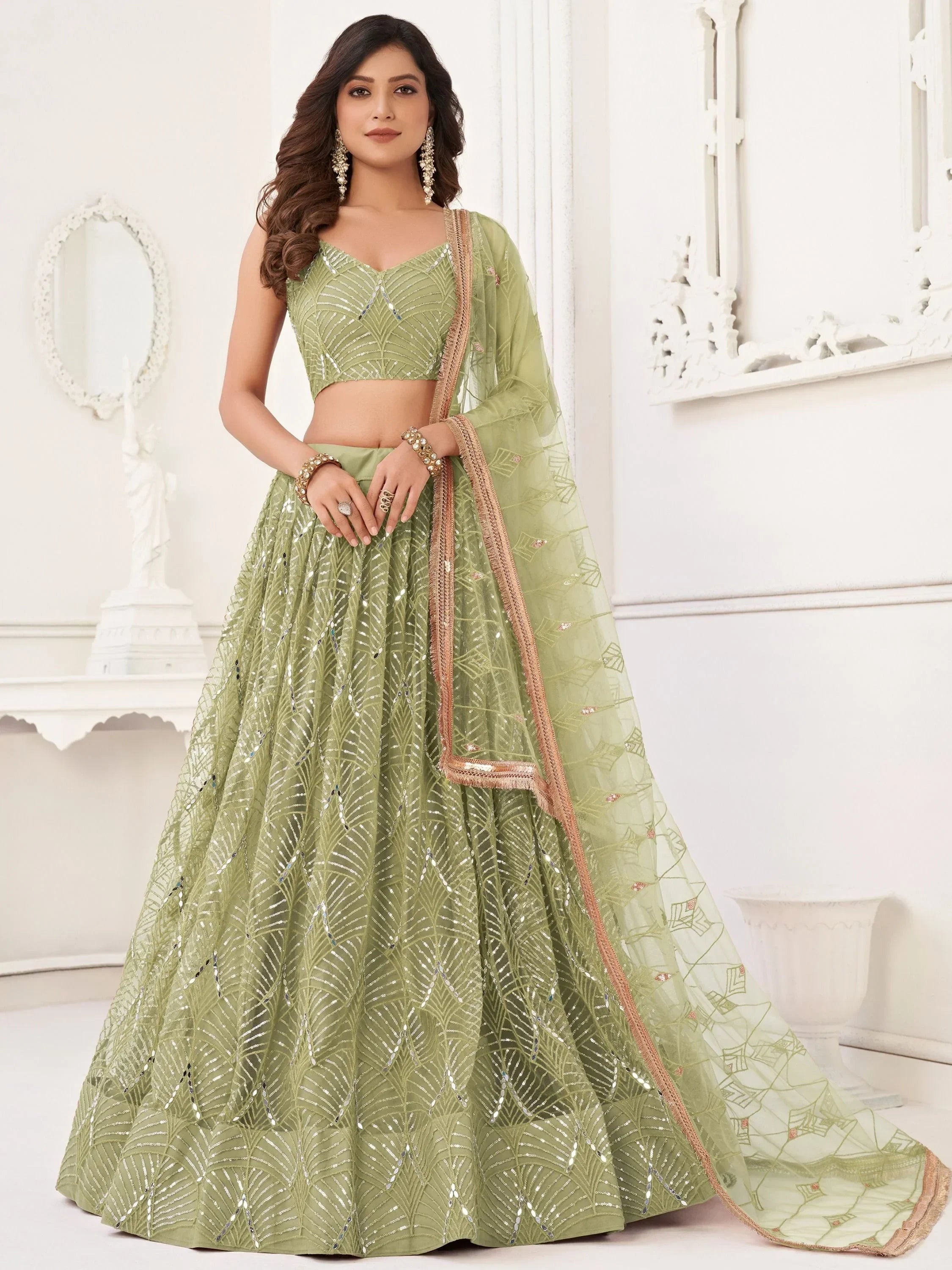 Light Green Beautiful Sequins Net Reception Wear Lehenga Choli With Dupatta