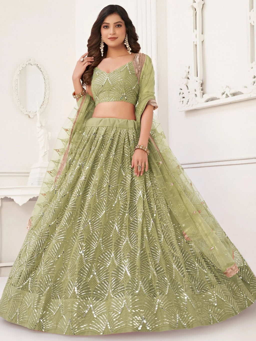 Light Green Beautiful Sequins Net Reception Wear Lehenga Choli With Dupatta