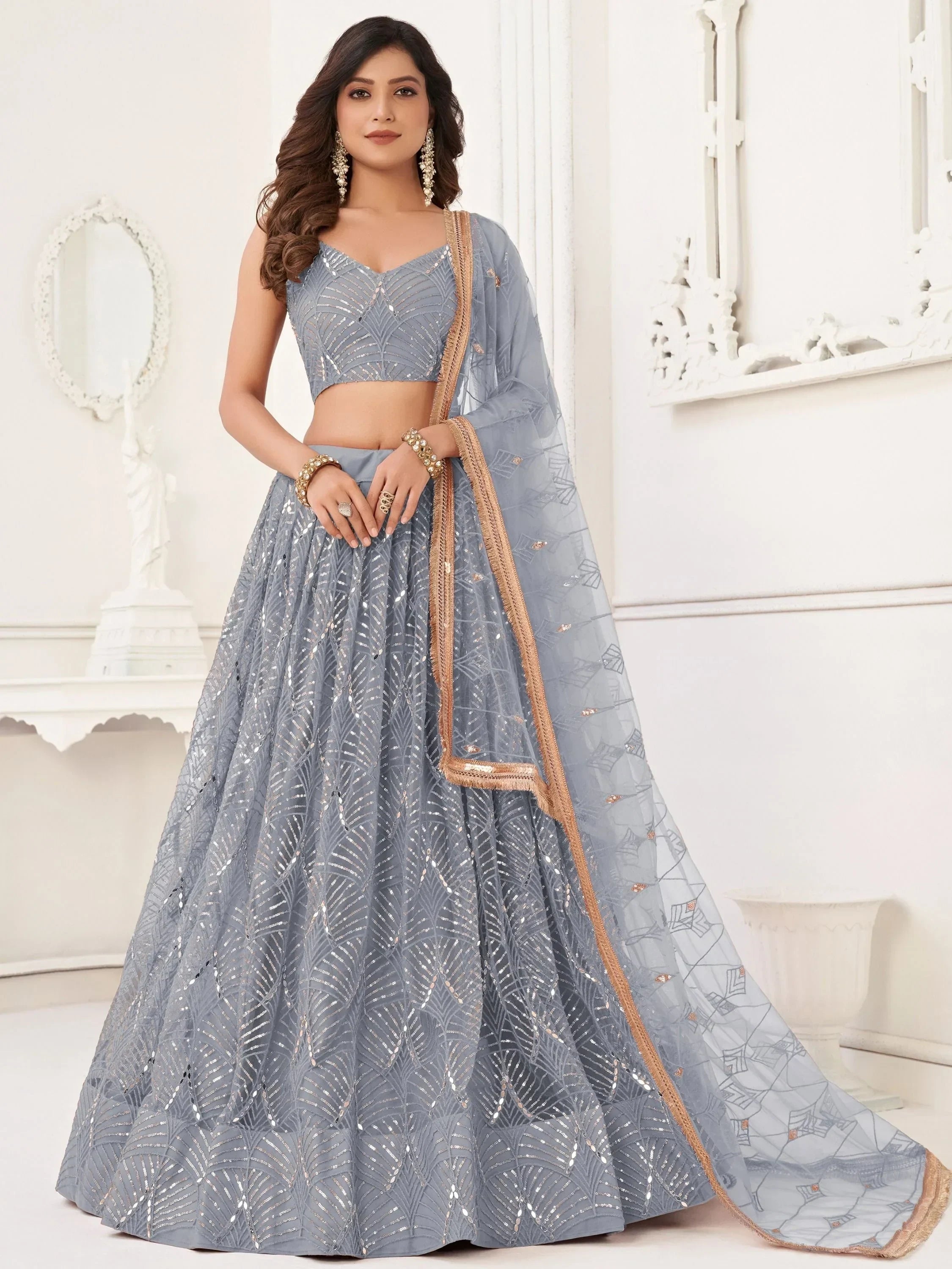 Grey Beautiful Sequins Net Reception Wear Lehenga Choli With Dupatta