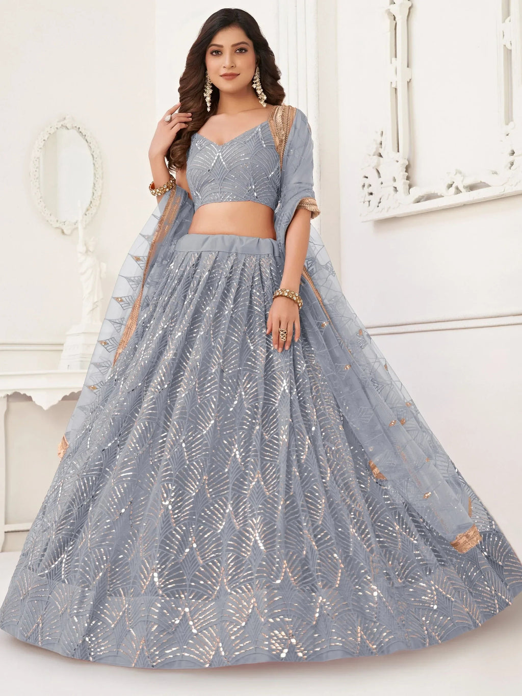 Grey Beautiful Sequins Net Reception Wear Lehenga Choli With Dupatta