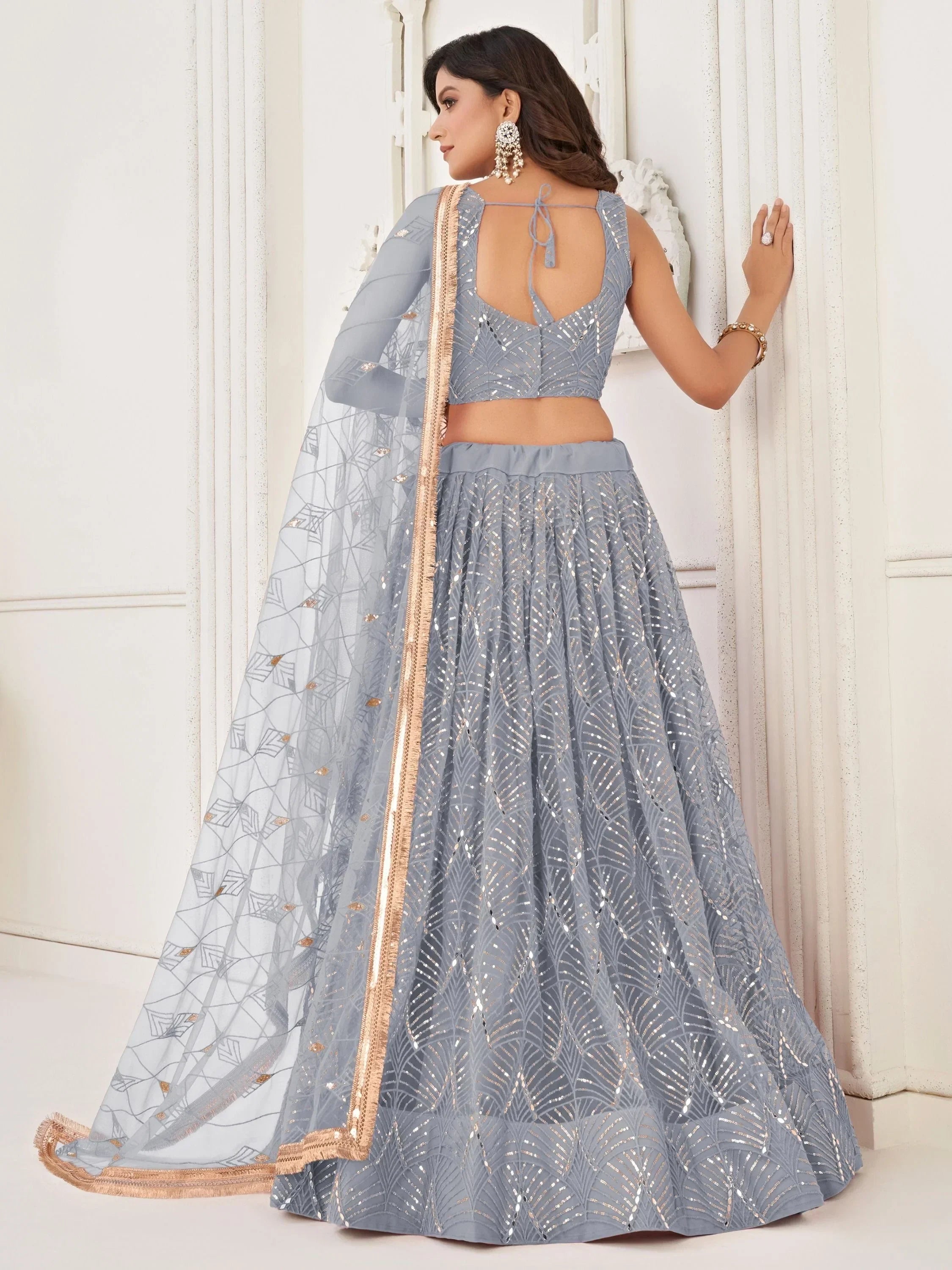 Grey Beautiful Sequins Net Reception Wear Lehenga Choli With Dupatta