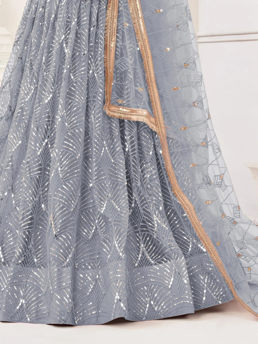Grey Beautiful Sequins Net Reception Wear Lehenga Choli With Dupatta