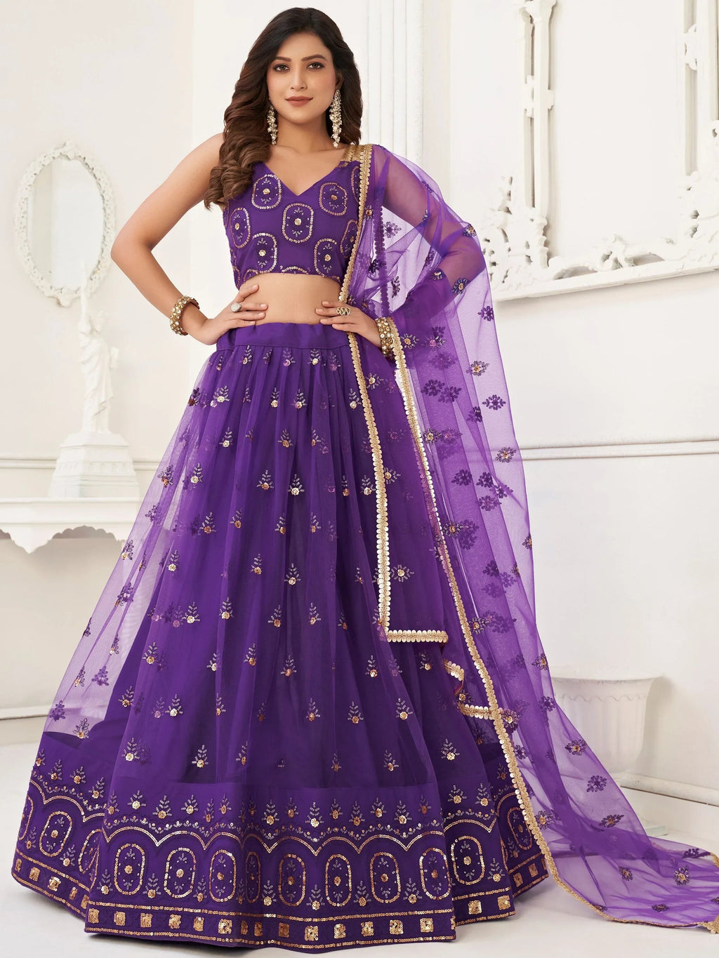 Purple Pretty Sequins Butterfly Net Party Wear Lehenga Choli