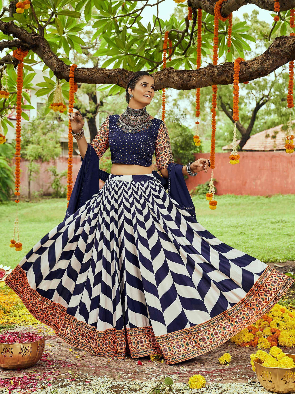 Attractive Navy Blue Cotton Special Navratri Wear Chaniya Choli