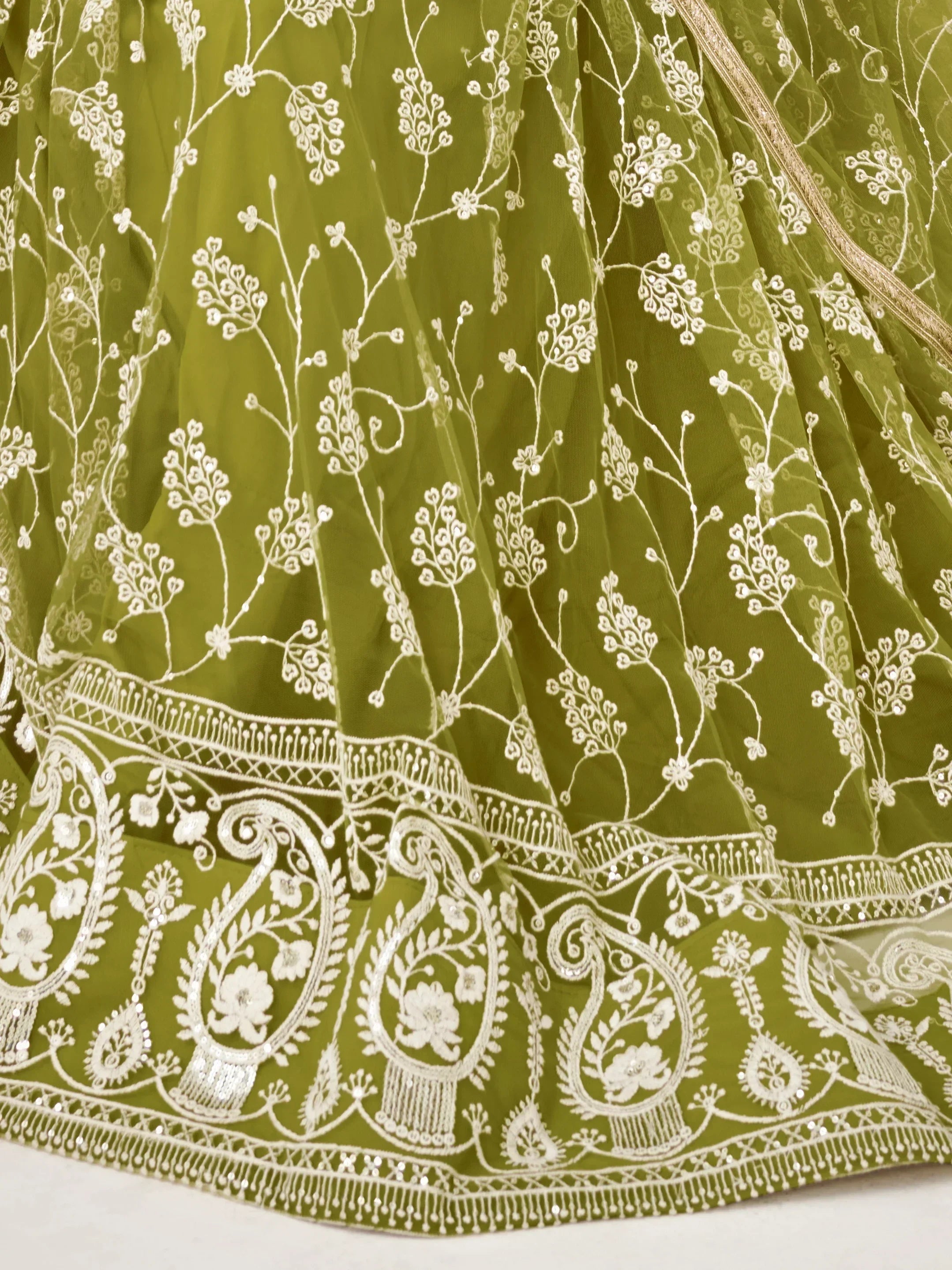Lovely Olive Green Embroidered Net Mhendi Wear Lehenga Choli