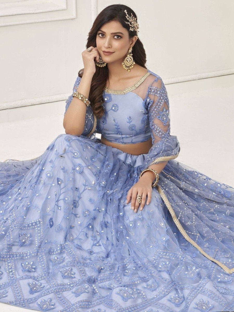 Gorgeous Light Blue Embroidered Net Engagement Wear Lehenga Choli