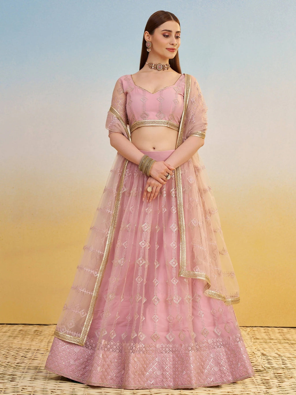 Delicate Baby Pink Net Sequins Embroidered Bridesmaids Lehenga Choli