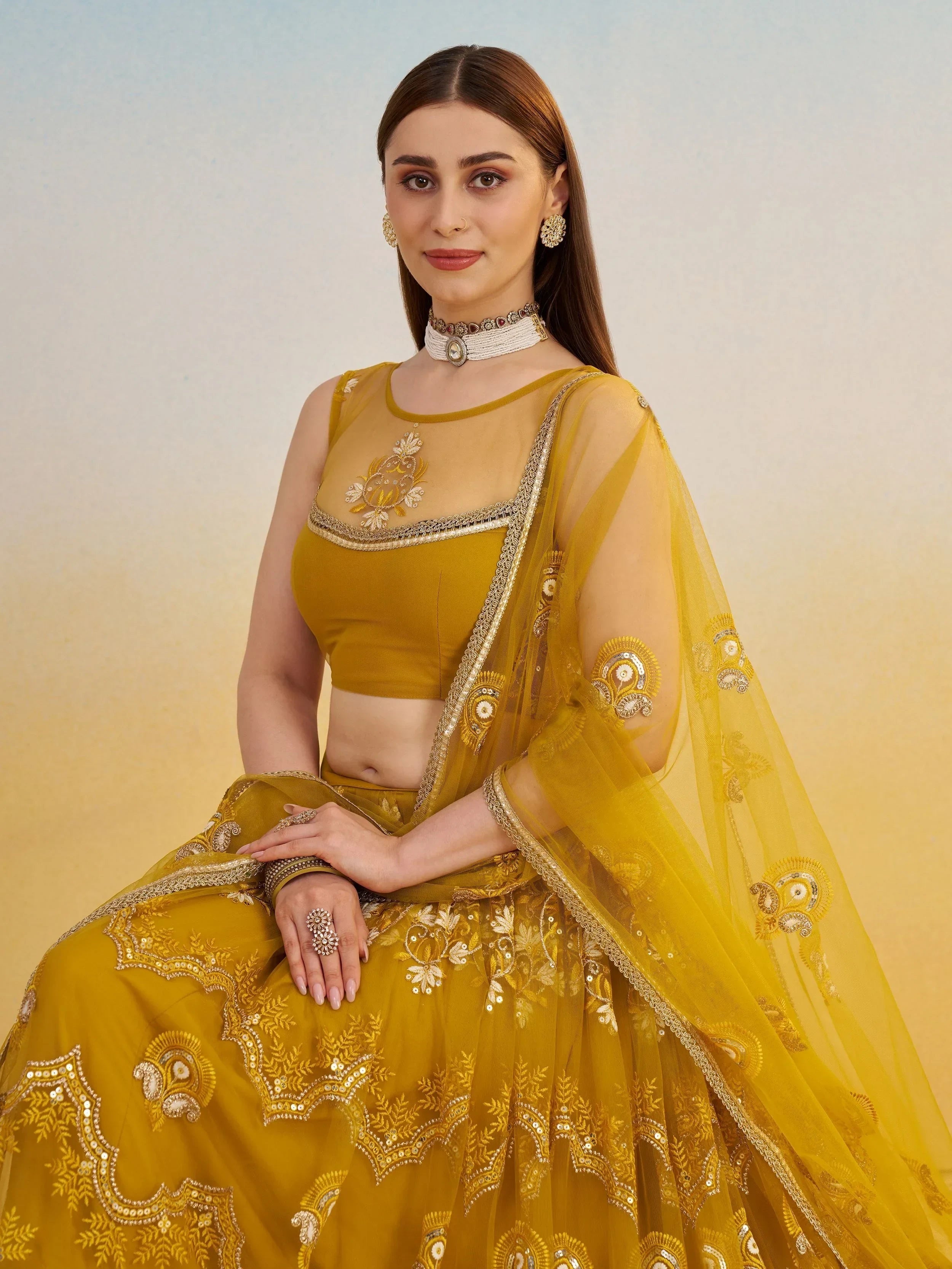 Sweet Mustard Yellow Thread Embroidered Net Haldi Wear Lehenga Choli