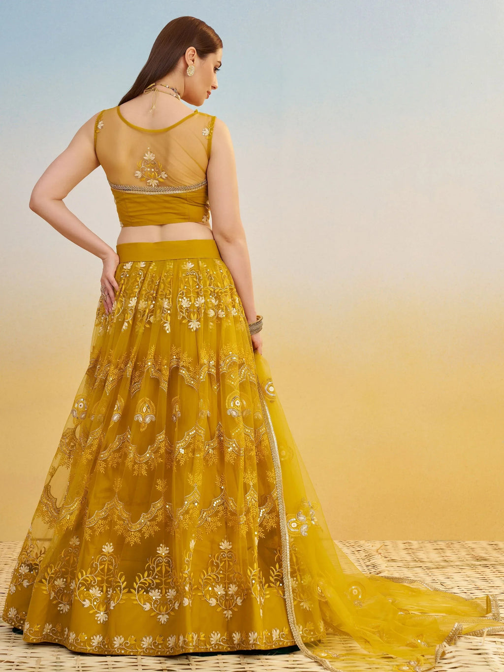 Sweet Mustard Yellow Thread Embroidered Net Haldi Wear Lehenga Choli