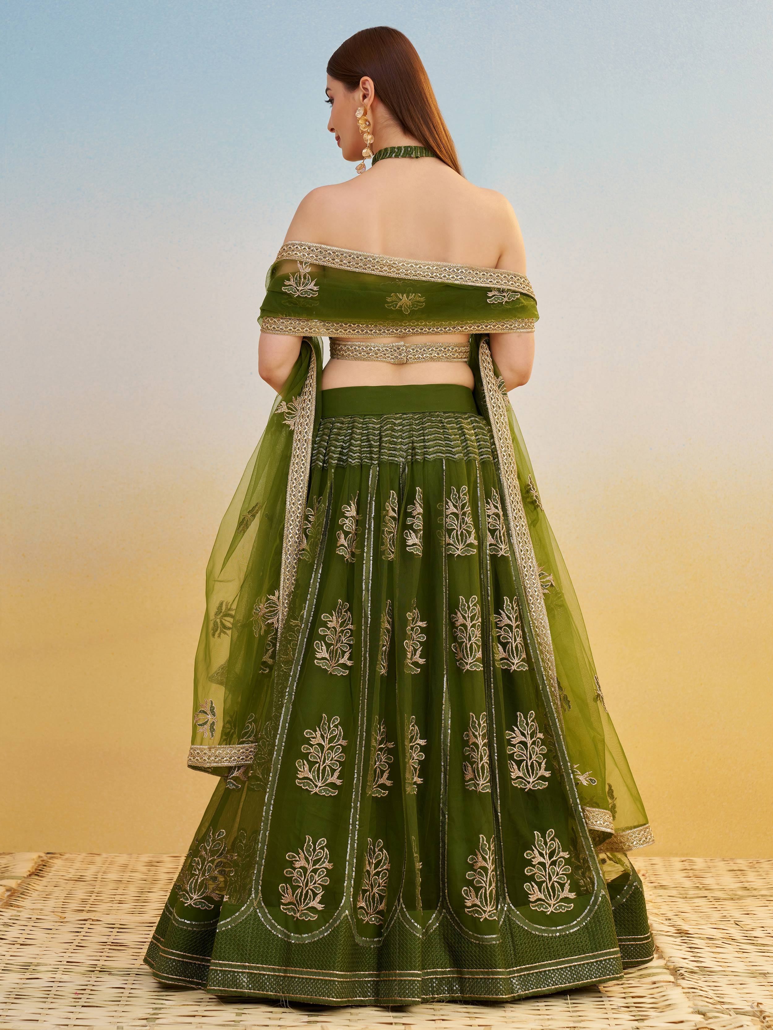 Dazzling Green Sequins Mehendi Wear Lehenga Choli With Dupatta