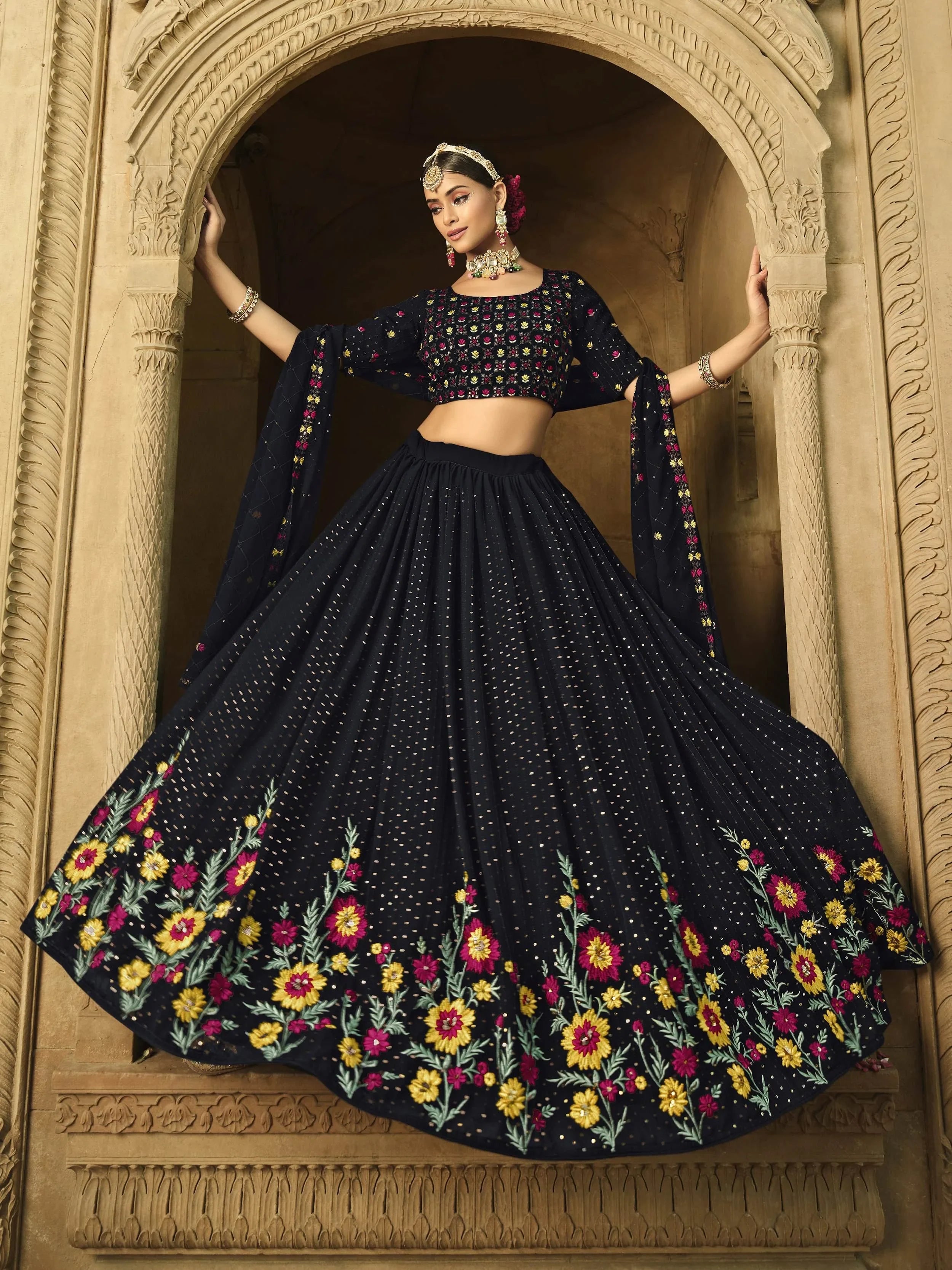 Dazzling Navy Blue Thread Embroidered Georgette Lehenga Choli
