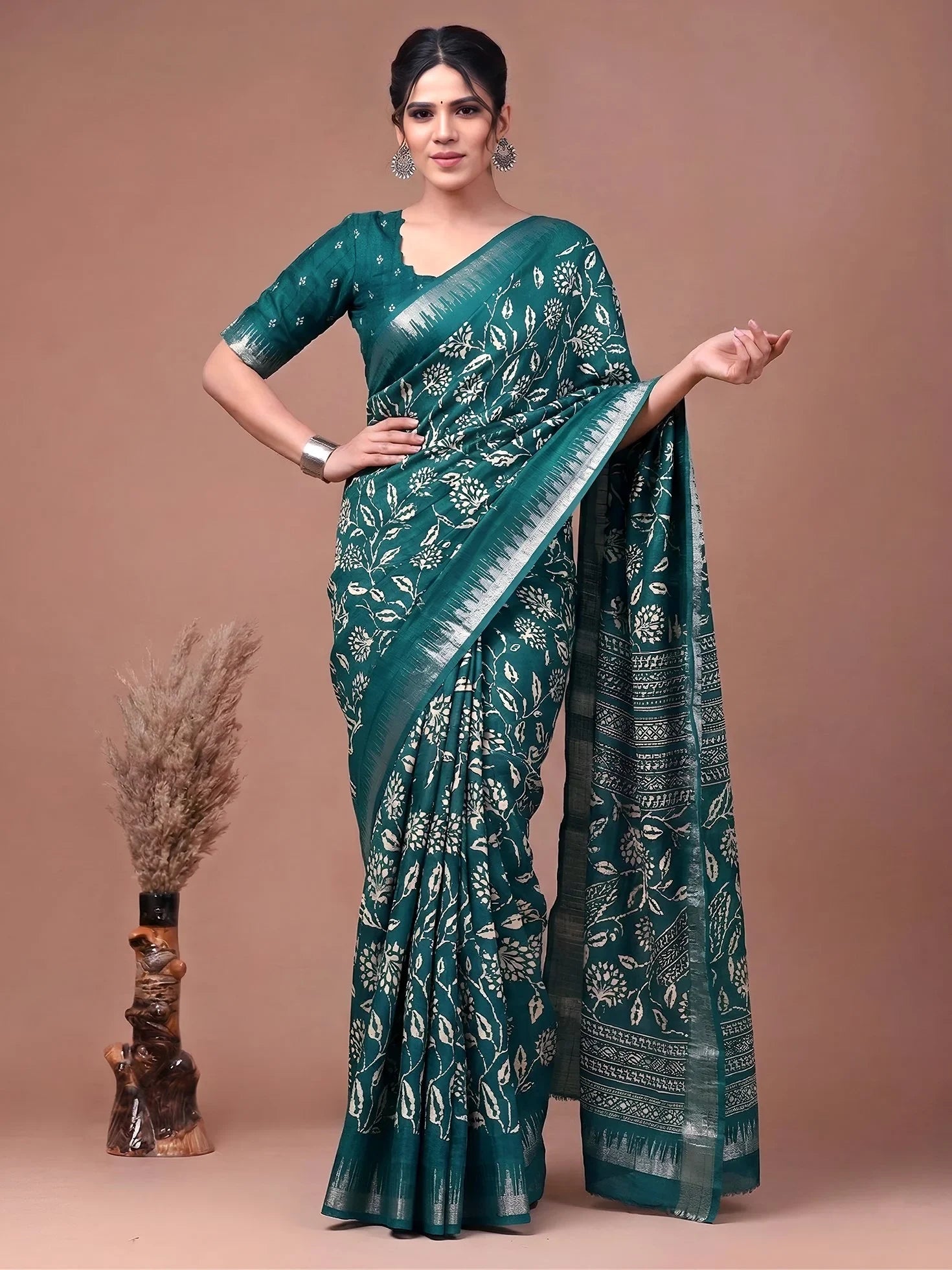 Teal Majestic Floral Printed Silk Casual Wear Saree With Blouse