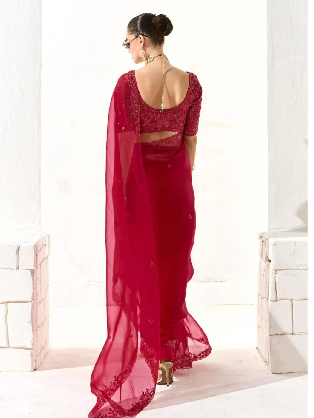 Lovely Red Sequins Work Tissue Silk Bridal Wear Saree With Blouse