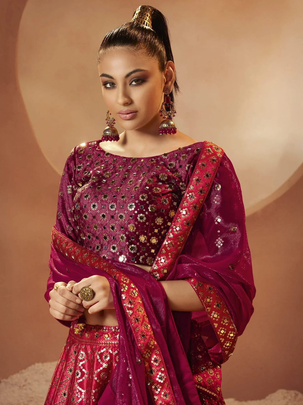 Exquisite Magenta Sequins Embroidered Velvet Lehenga Choli