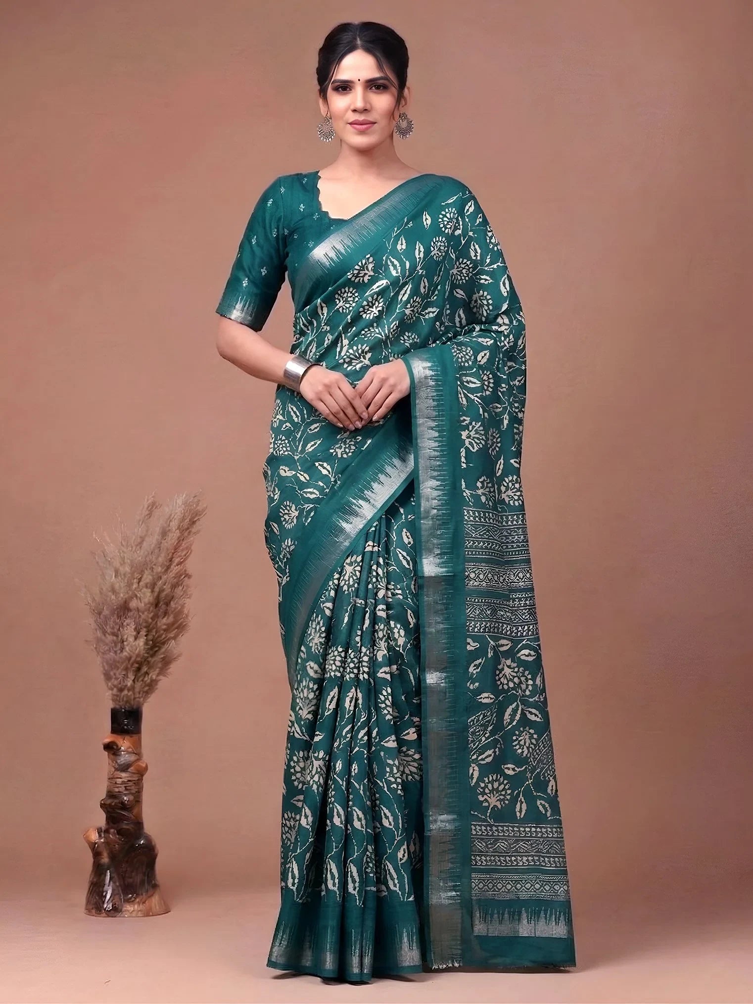 Teal Majestic Floral Printed Silk Casual Wear Saree With Blouse