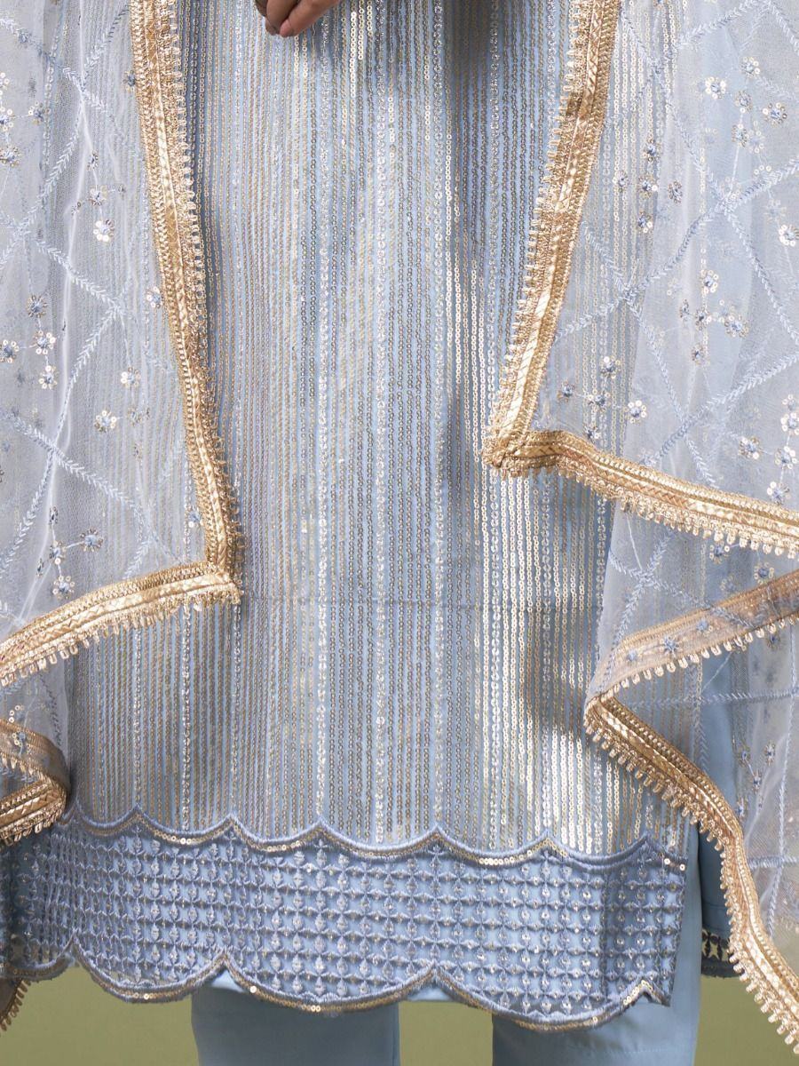 Babelicious Sky Blue Embroidered Sequins Net Fancy Salwar Kameez