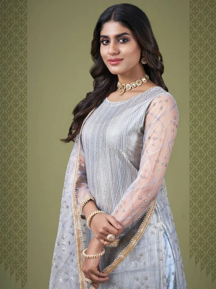 Babelicious Sky Blue Embroidered Sequins Net Fancy Salwar Kameez