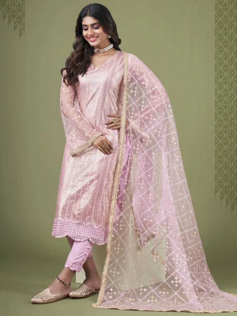 Pleasant Pink Sequins Embroidered Net Festive Wear Salwar Kameez