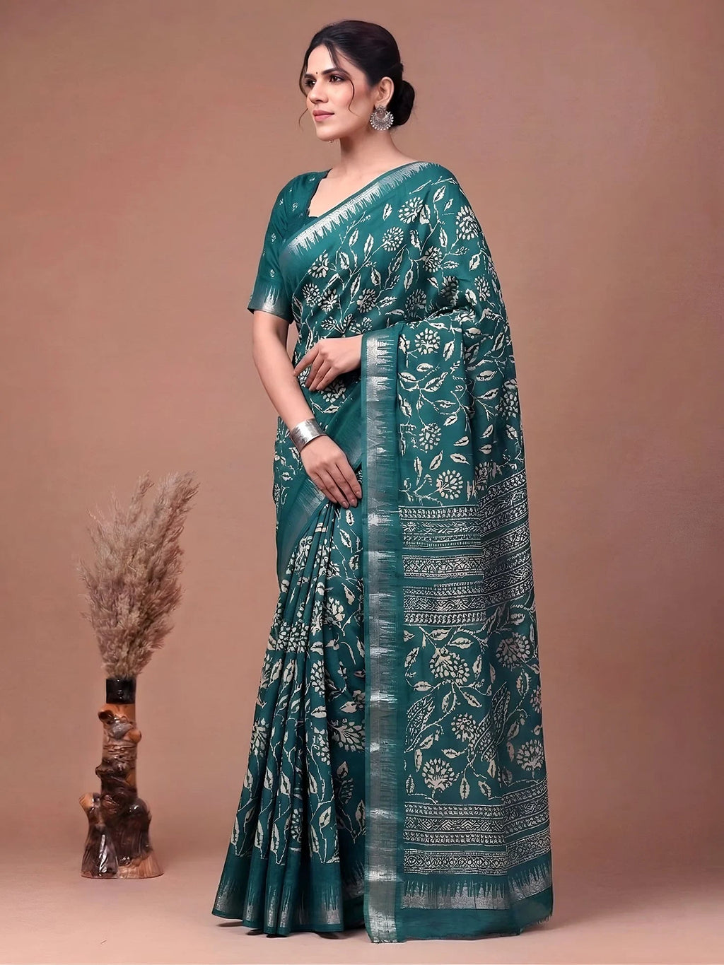 Teal Majestic Floral Printed Silk Casual Wear Saree With Blouse