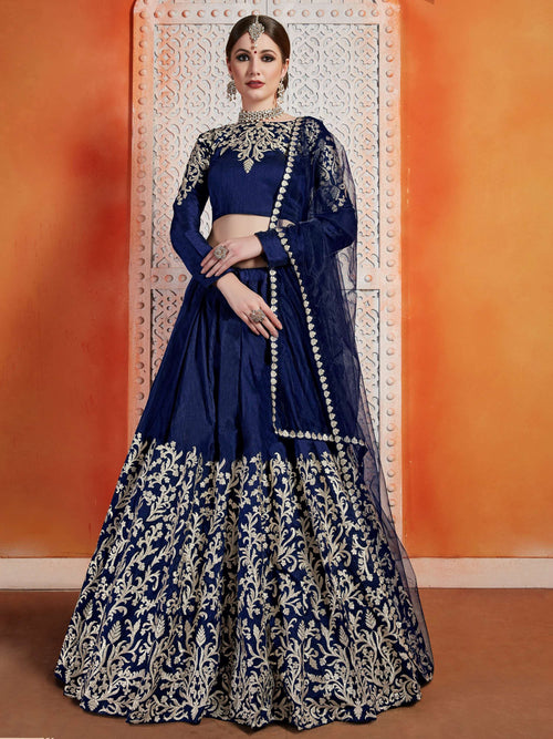 Amazing Navy Blue Zari Embroidered Art Silk Wedding Lehenga Choli