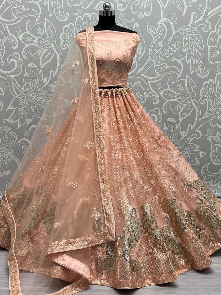 Peach Impressive Sequined Embroidery Wedding Wear Lehenga Choli