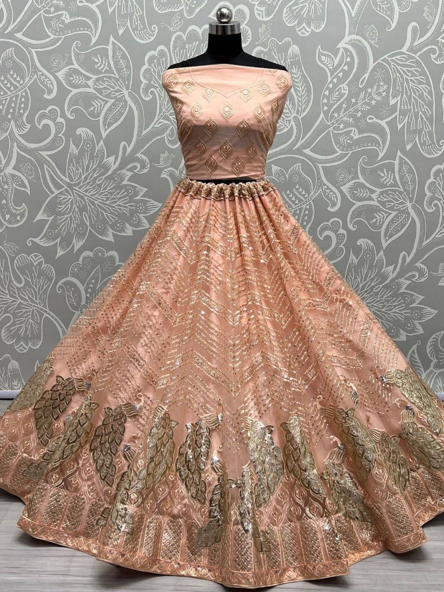Peach Impressive Sequined Embroidery Wedding Wear Lehenga Choli