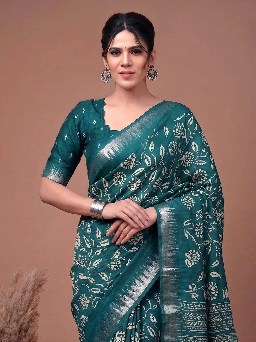 Teal Majestic Floral Printed Silk Casual Wear Saree With Blouse