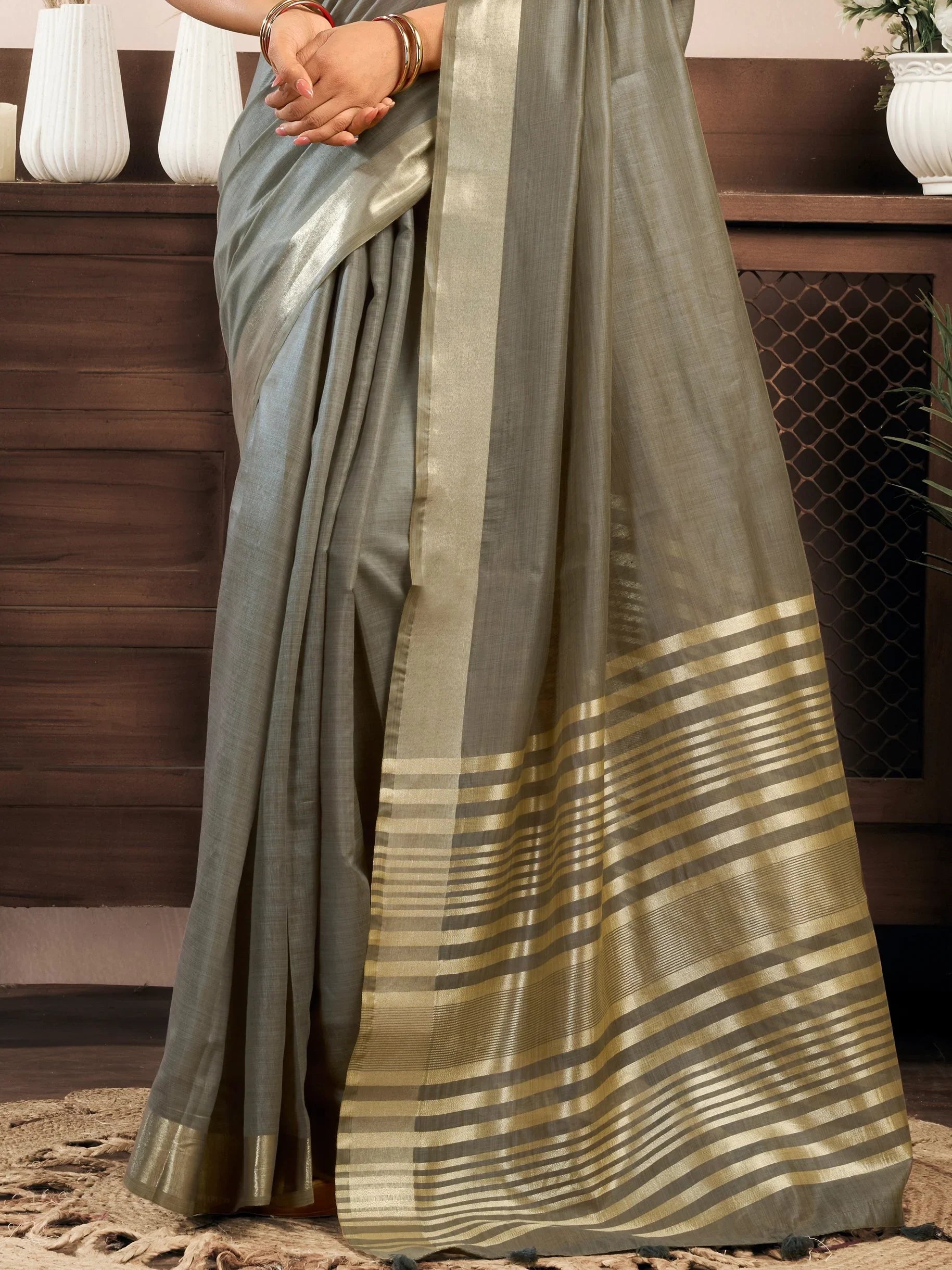 Gorgeous Grey Zari Weaving Cotton Festive Wear Saree With Blouse