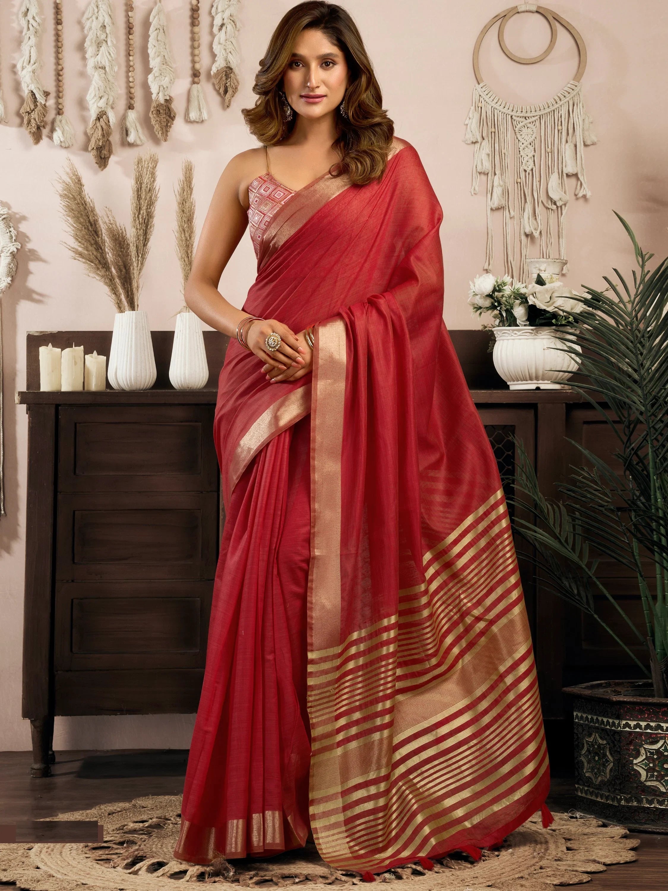 Fantastic Red Zari Weaving Cotton Wedding Wear Saree With Blouse