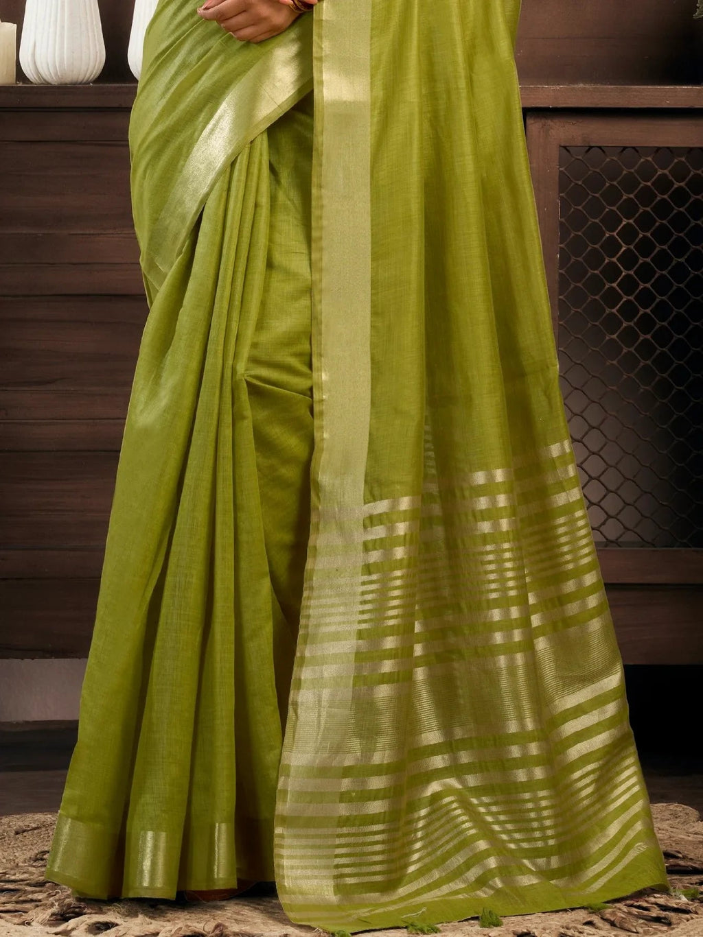 Alluring Olive Green Zari Weaving Cotton Mehendi Wear Saree With Blouse