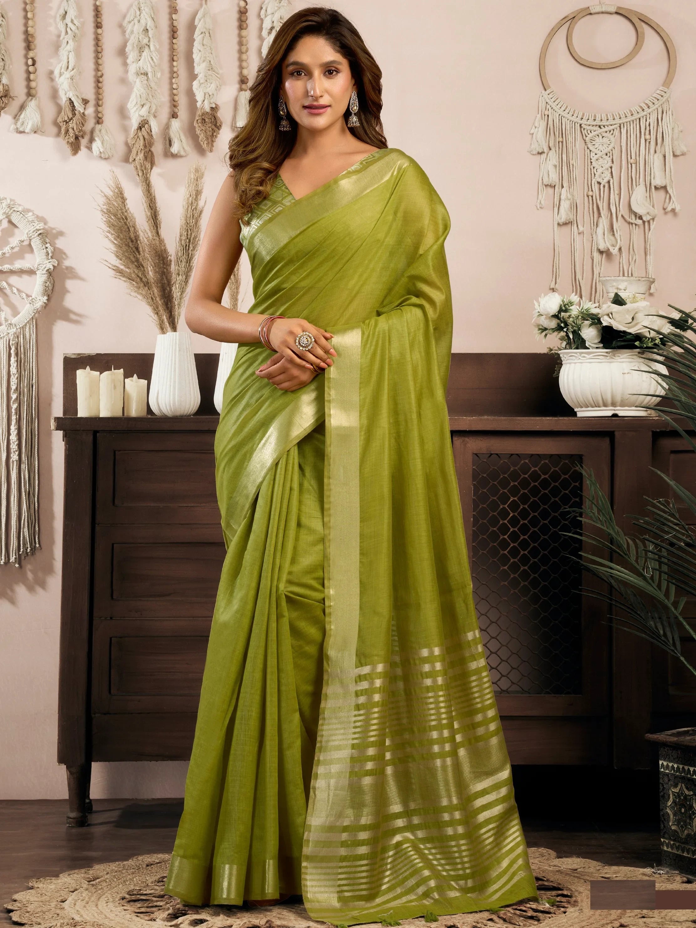 Alluring Olive Green Zari Weaving Cotton Mehendi Wear Saree With Blouse
