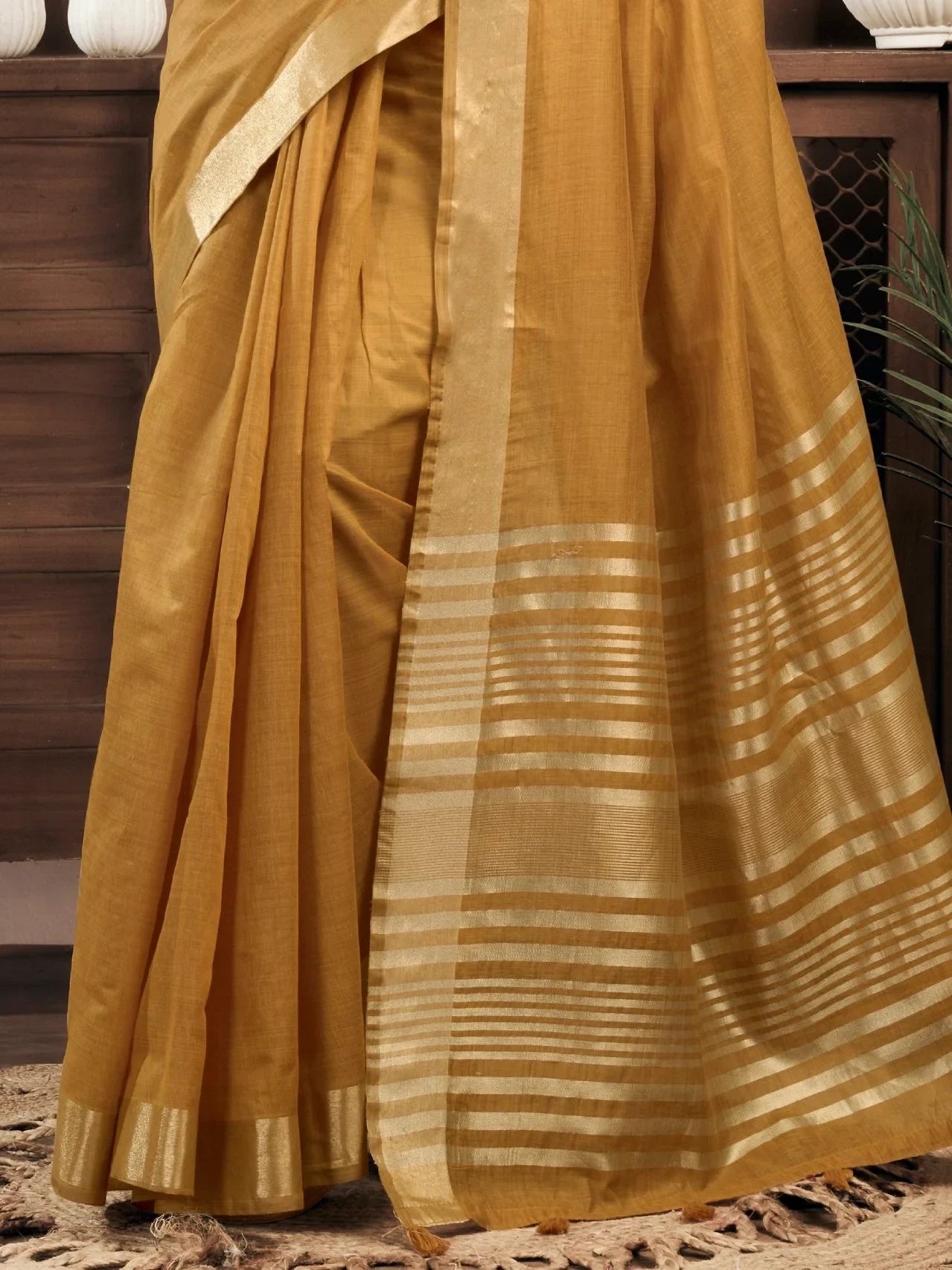 Rich Mustard Yellow Zari Weaving Cotton Haldi Wear Saree With Blouse
