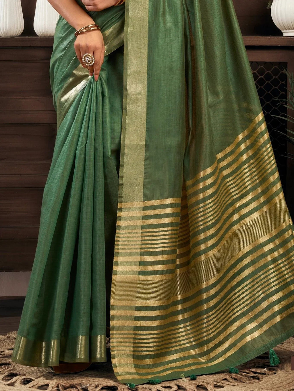 Stunning Green Zari Weaving Cotton Event Wear Saree With Blouse