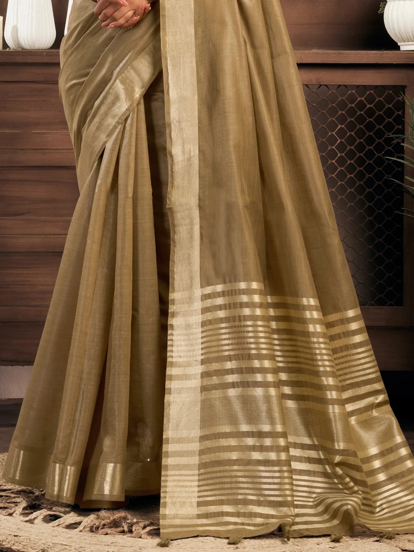 Graceful Beige Zari Weaving Cotton Marriage Wear Saree With Blouse