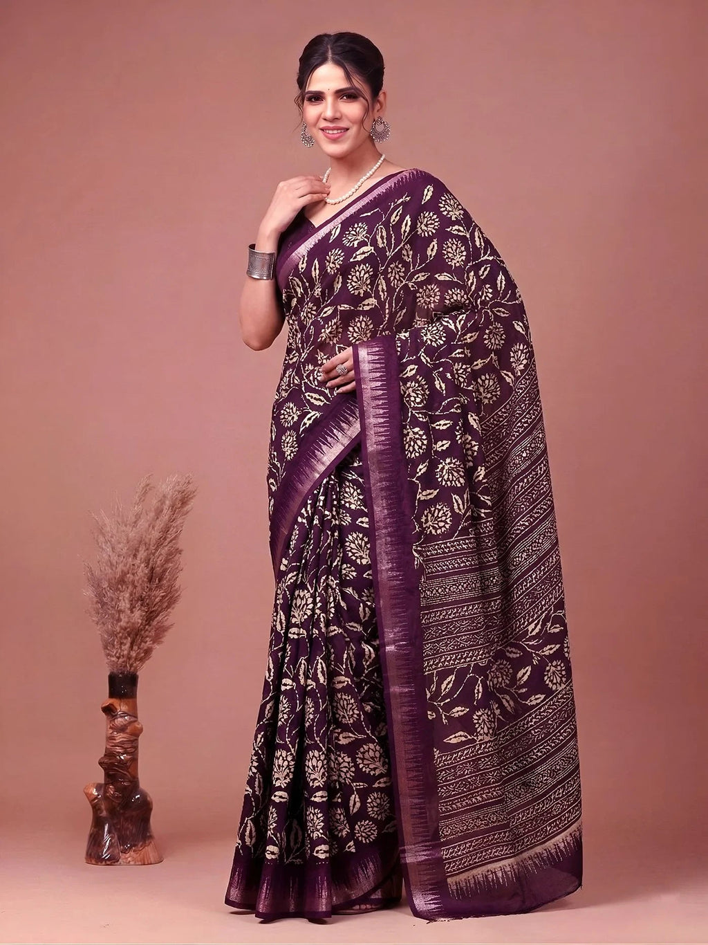 Wine Majestic Floral Printed Silk Casual Wear Saree With Blouse