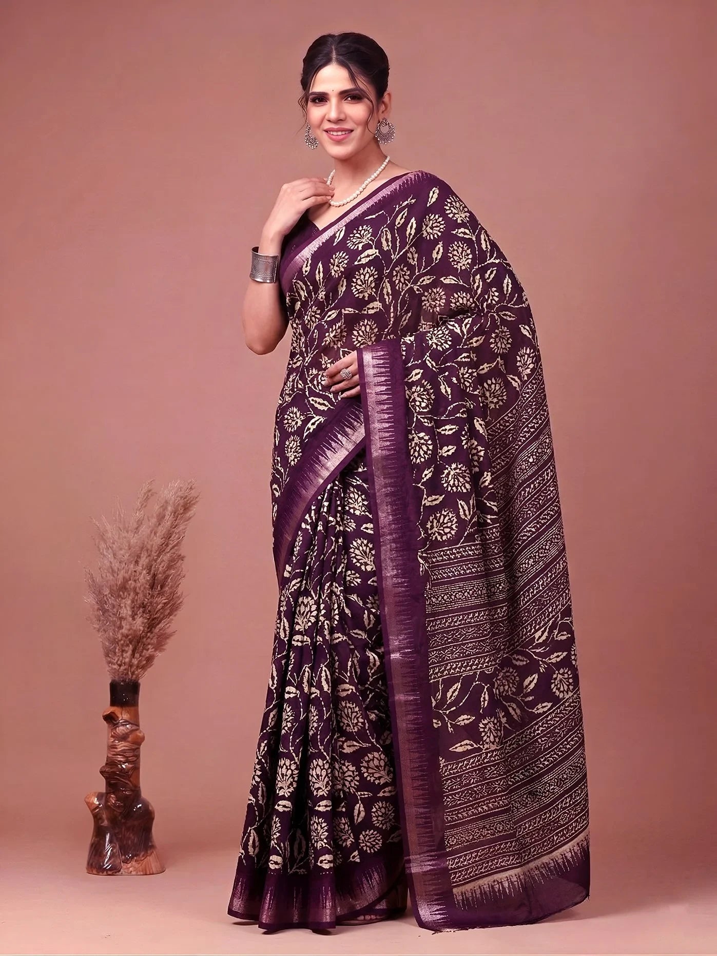 Wine Majestic Floral Printed Silk Casual Wear Saree With Blouse