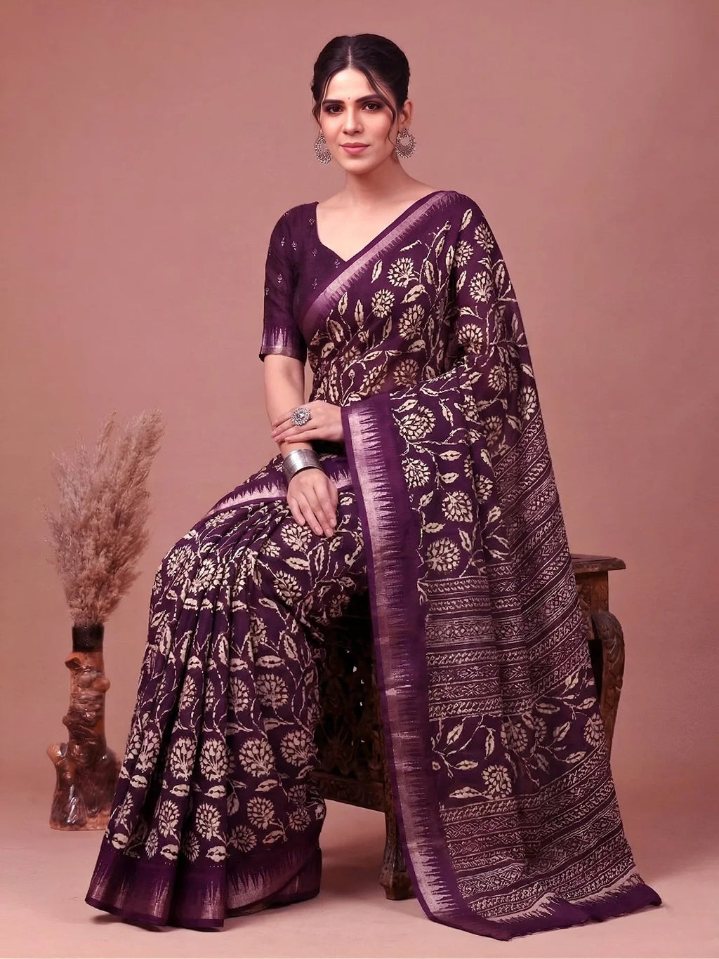 Wine Majestic Floral Printed Silk Casual Wear Saree With Blouse