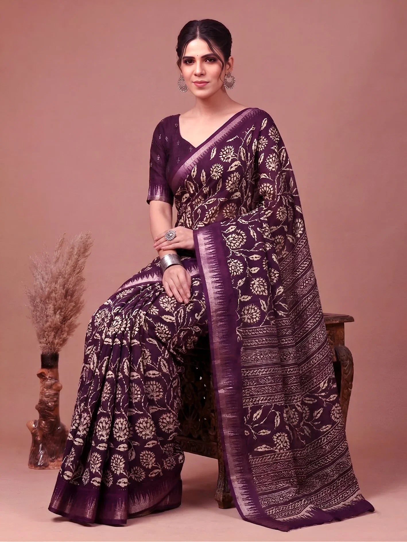 Wine Majestic Floral Printed Silk Casual Wear Saree With Blouse