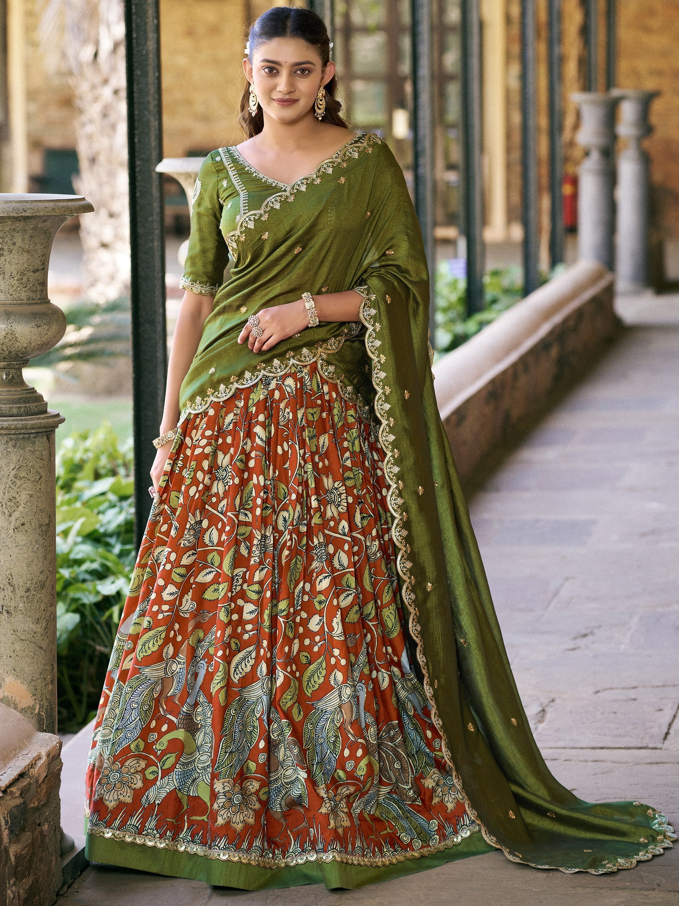 Rich Rust Orange Kalamkari Print Silk Marriage Wear Half Saree Lehenga